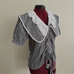 Women's Gingham Puff Short Sleeve Black White Statement Collar Cottagecore Large